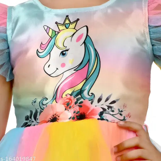Multicolor net unicorn dress for infants, vibrant colorblock pattern, India origin