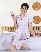 Pink Moshami printed women's satin top and pyjama suit, front open night dress - Indian cotton nightwear with attractive print