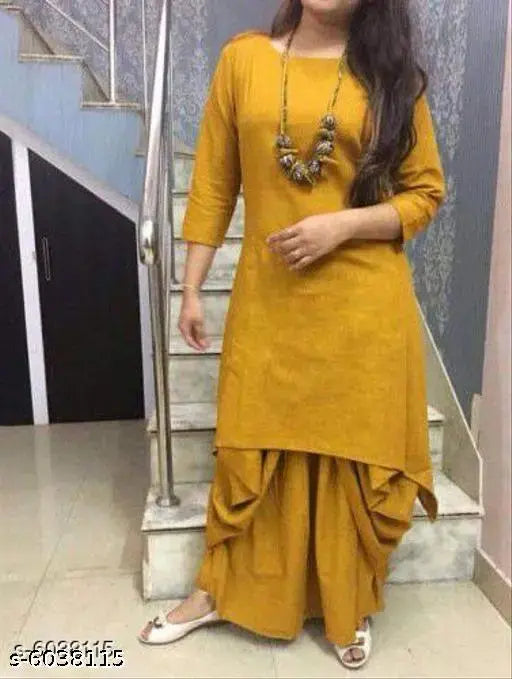 Mustard Rayon Kurta set with dhoti style skirt, beautiful work all over, contemporary casual fashion, Indian origin