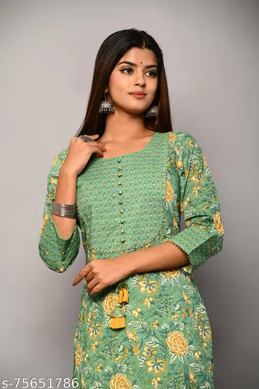 Dark green printed cotton kurta with three-quarter sleeves, Swasti women's fashion