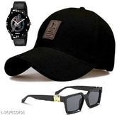 Black royal-looking combo: Adjustable baseball cap, analog watch, and polarized sunglasses set in black - Diwili best gift offer pack for men and boys (3 pieces)