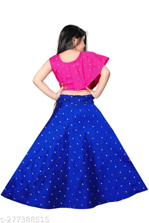 Taffeta silk embroidered lehenga choli for kids' party wear, featuring mirror work & sleeveless design. Stunning traditional girls attire, ideal for special occasions, India origin