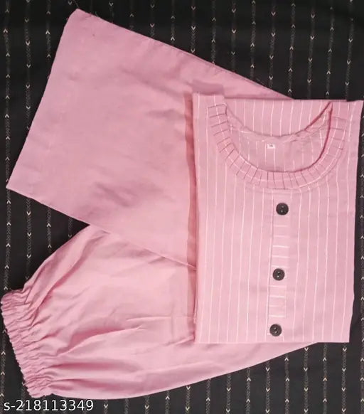 Pink striped cotton kurti palazzo, trendy Indian ensemble with three-quarter sleeves, suitable for casual or formal events. Made from soft cotton fabric, perfect for comfort and elegance
