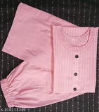 Pink striped cotton kurti palazzo, trendy Indian ensemble with three-quarter sleeves, suitable for casual or formal events. Made from soft cotton fabric, perfect for comfort and elegance