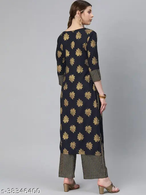 Navy blue rayon printed kurta and palazzo set for women, featuring three-quarter sleeves and trendy design, lightweight comfort from India