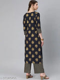 Navy blue rayon printed kurta and palazzo set for women, featuring three-quarter sleeves and trendy design, lightweight comfort from India