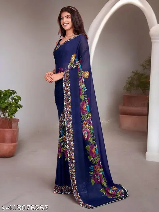 Blue Georgette Bollywood Saree with Solid Runner Blouse, printed design on display