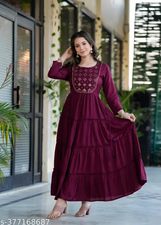 Rayon embroidered anarkali gown for women and girls, three-quarter sleeves, available in S to XXXL sizes (36in-46in bust)