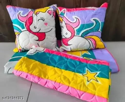 Glace cotton unicorn-themed superfine summer double bed sheet set with 2 pillow covers and 2 quilted cushions, ideal for adults