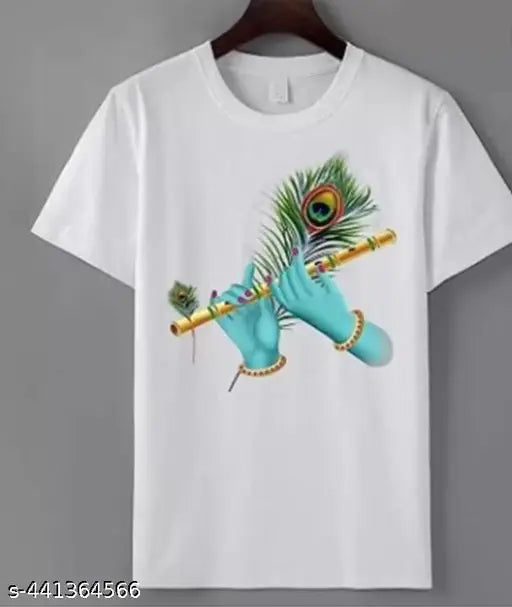 Men's white polyester printed round neck half sleeves T-shirt, breathable and lightweight, suitable for sports and casual wear