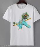 Men's white polyester printed round neck half sleeves T-shirt, breathable and lightweight, suitable for sports and casual wear