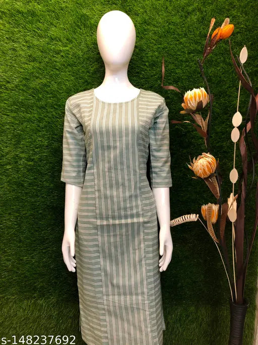 Premium striped cotton kurti with three-quarter sleeves, Indian women's fashion on mannequin