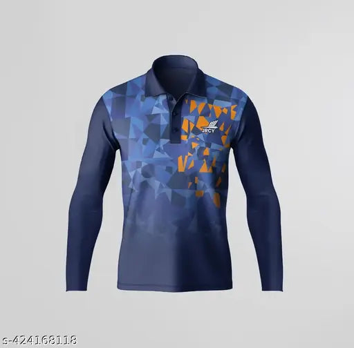 Blue polo collar printed full sleeve cricket t-shirt, men's dri-fit polyester, long sleeves