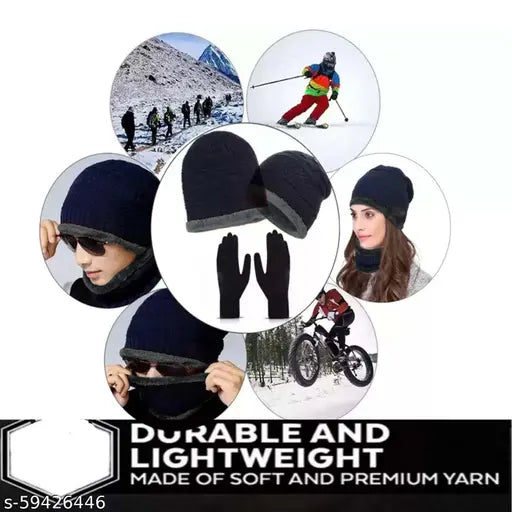 Unisex navy blue woolen beanie cap with neck warmer-scarf. Soft fur winter headwear set includes 1 cap, 1 neck warmer, and 1 pair of gloves. Warm, snow-proof, and versatile for men, women, and children