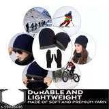 Unisex navy blue woolen beanie cap with neck warmer-scarf. Soft fur winter headwear set includes 1 cap, 1 neck warmer, and 1 pair of gloves. Warm, snow-proof, and versatile for men, women, and children