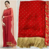 Red Chiffon saree with separate Jacquard blouse, intricate tassels and latkans, Indian fashion