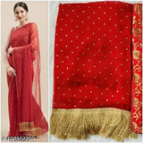 Red Chiffon saree with separate Jacquard blouse, intricate tassels and latkans, Indian fashion