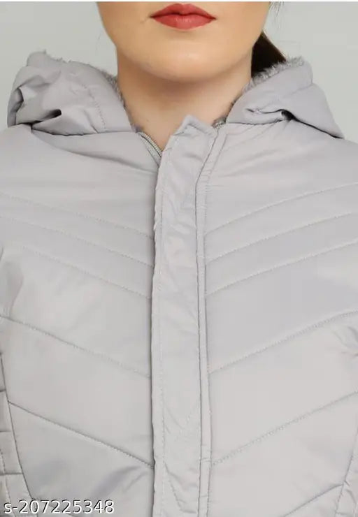 Silver PU quilted fur jacket, long sleeves, solid pattern by M A FASHION