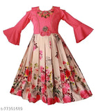 Pink satin frock dress for girls, single pack with printed net pattern, long sleeves, sizes range from 2-3 years to 9-10 years, Indian origin