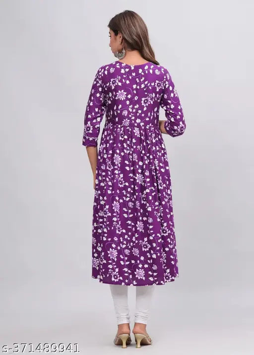 Purple rayon embroidered Anarkali Kurta for women, three-quarter sleeve print combo