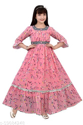 Pink cotton blend embroidered three-quarter sleeves gown for girls, intricate stitching detail on round neckline long pleated skirt with bow at back, perfect for romantic evenings