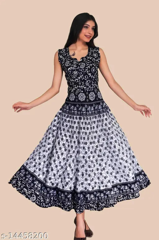 Black and white pure cotton Jaipuri printed maxi dress for women - traditional Mandala design, comfortable for all-day wear