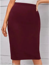Women's solid pencil wine maroon skirt, polyester, size 26 (waist 26in, length 22in), made in India