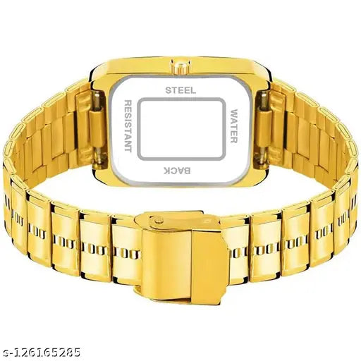 Gold-plated, waterproof quartz watch with square dial and day-date function for men, free size