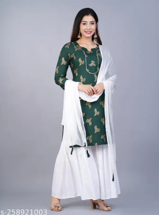 Rayon printed women's kurta sharara set with dupatta and bottomwear, three-quarter sleeves, pack of 3 sizes (S-XXL), Indian origin