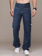Dark blue cotton blend cargo jeans for men, stylish party wear from Rigbone, non-stretchable with sizes 28, 30, 32, 34, 36, 38