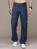Dark blue cotton blend cargo jeans for men, stylish party wear from Rigbone, non-stretchable with sizes 28, 30, 32, 34, 36, 38