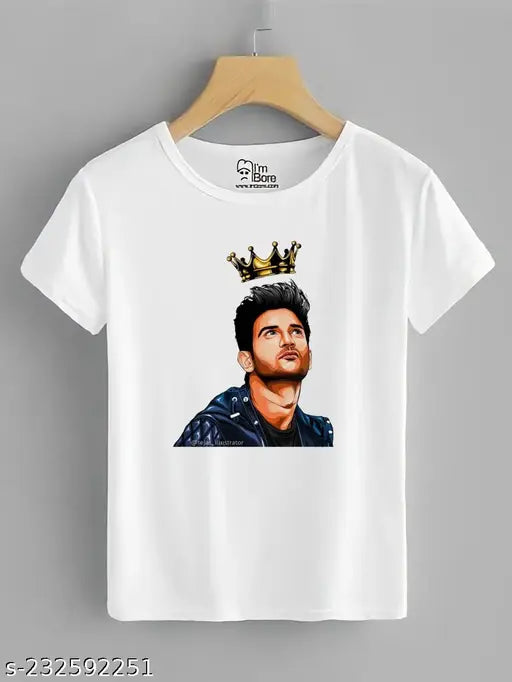 Polyester short sleeve t-shirt featuring printed image of actor Sushant Singh Rajput, size N