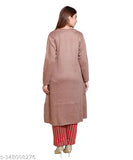 The image displays a woman in a long kameez, standing against a light background. Her kameez is of a mustard color, and she has red trousers on. The top appears to be cropped at the waist. The style suggests an ethnic outfit typically worn in South Asian cultures. There are no visible texts or additional objects that provide more context about the product or setting