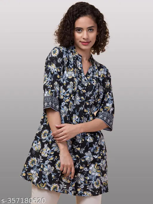 Black rayon Inuka by Hive91 tunic with mandarin collar and 3/4 sleeves, printed design on net fabric, perfect for any occasion