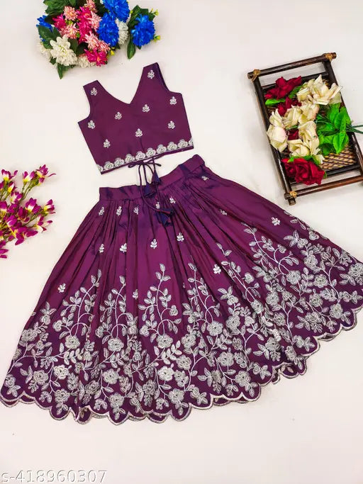 Taffeta silk kids top & skirt combo, floral stitch embroidery, 1 set, sizes 3-4 years - Indian ethnic wear