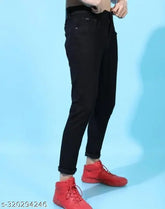 Black denim Flaying Men jeans, plain black style with standard men's sizing: 28/30/32 inches