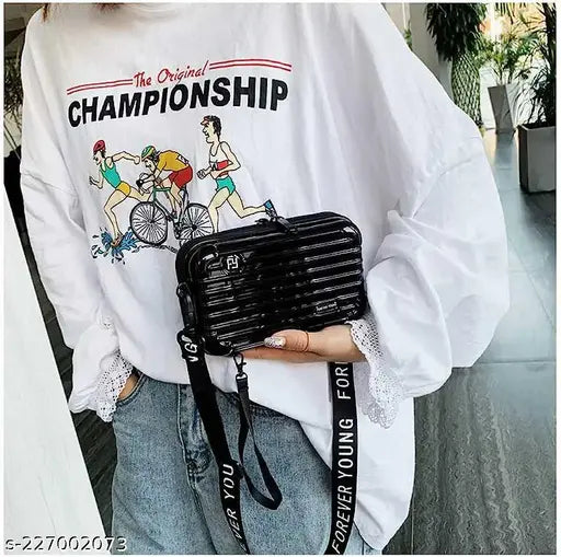 Black polyester party sling bag, compact style for travel essentials