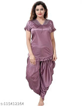 Free size Ankona women's satin dhoti set night suit, Indian traditional fashion with short sleeves and shiny satin fabric