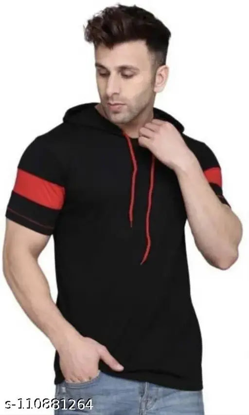 Black cotton blend solid men's hooded neck t-shirt by kainchee factory, India