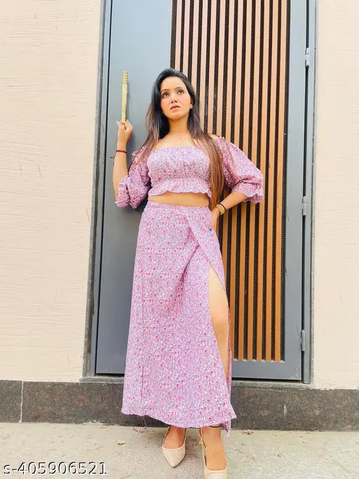 Summer printed cotton blend top & bottom set, slit skirt and crop top set in latest party wear design, India origin