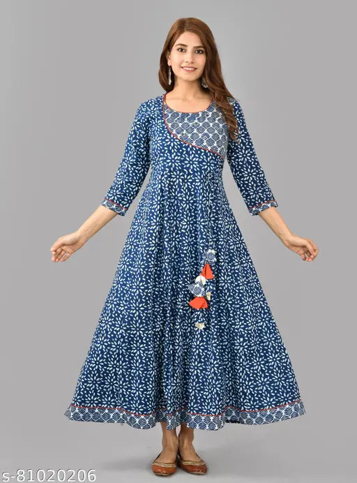 Blue cotton women's three-quarter sleeve anarkali kurti with yoke design, printed combo from India