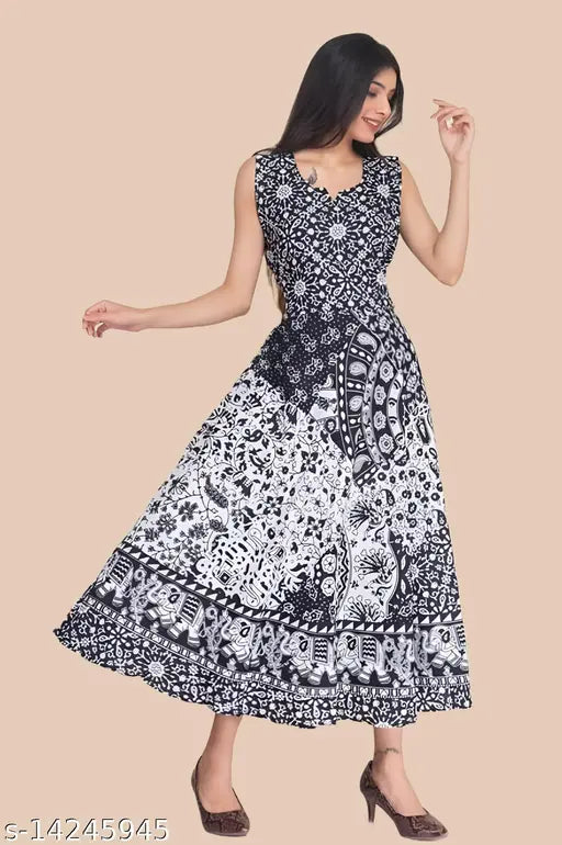 Black and white Jaipuri cotton printed midi maxi dress, sleeveless, floral design for women