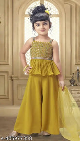 Georgette sequinned embroidered festive wear palazzo kurta dupatta set for girls - Indian ethnic attire with sleeveless, straight cut, and flared hemline