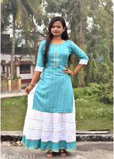 Cotton blend embellished kurta sets for girls, trendy straight top and skirt set in new era fashion, India origin