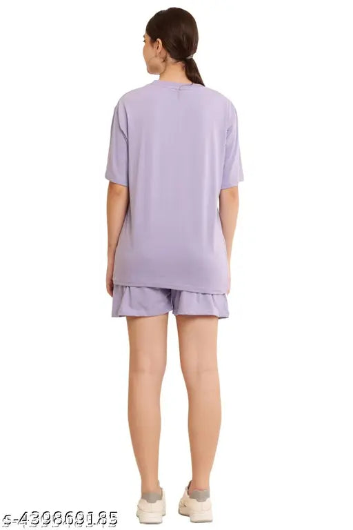 Lavender pure cotton printed nightsuit set: Top & Shorts - Cozy California-themed sleepwear for elevated relaxation, India origin