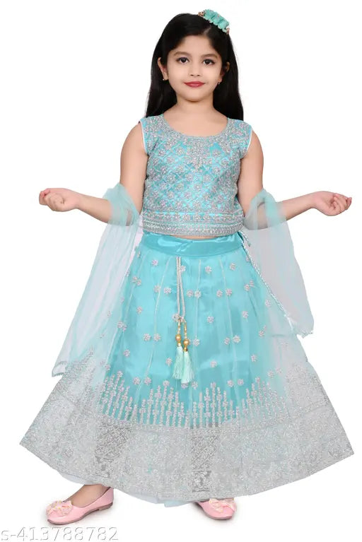Girls' embroidered net lehenga choli set with dupatta, featuring lace stitch and short sleeves, available in three colors: 2-3 years (waist 21in, length 45in, dupatta 1.5in), 3-4 years (waist 24in, length 46in, dupatta 1.5in), and 4-5 years (waist 26in, length 48in, dupatta 1.55in). Handcrafted in India by AYSA APPARELS with love for customers