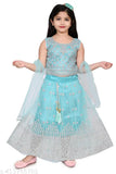 Girls' embroidered net lehenga choli set with dupatta, featuring lace stitch and short sleeves, available in three colors: 2-3 years (waist 21in, length 45in, dupatta 1.5in), 3-4 years (waist 24in, length 46in, dupatta 1.5in), and 4-5 years (waist 26in, length 48in, dupatta 1.55in). Handcrafted in India by AYSA APPARELS with love for customers