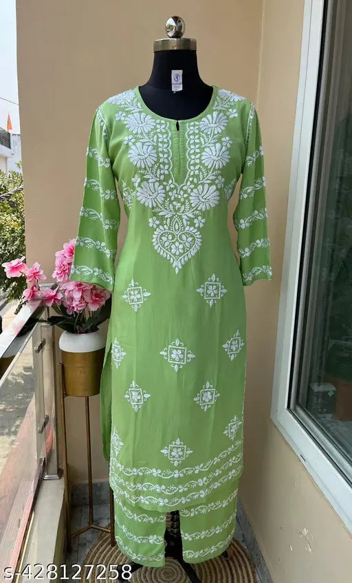 Embroidered rayon kurta with palazzo set, Chikankari work from India