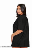 Black cotton printed oversize t-shirt for women, short sleeves, off-shoulder style
