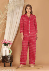 Cotton printed red women's night suit set, soft fabric with three-quarter sleeves, vibrant and stylish, India origin